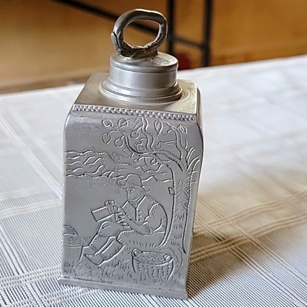 Stuttgart German Pewter Flask- Early 19th Century Etching